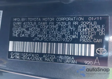 2011 Scion Tc из США, поврежденный, VIN JTKJF5C70B3019327